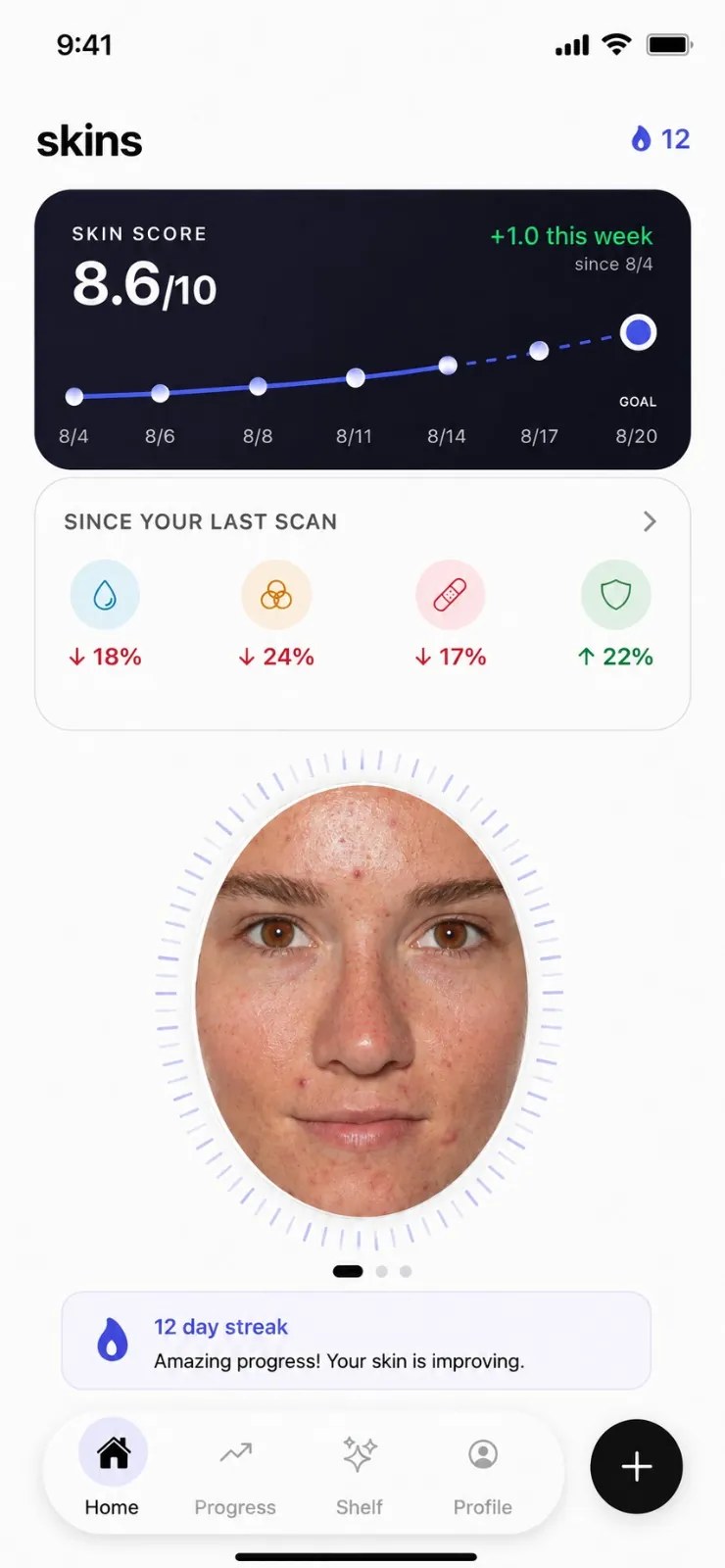 Skins home screen with skin score